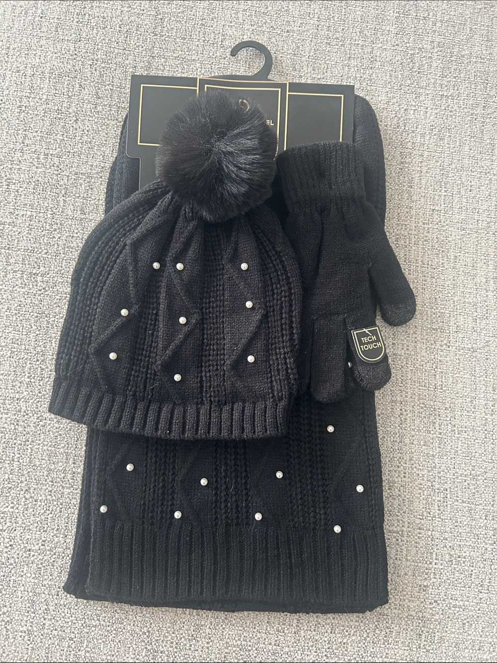 Black Pearl-Accent Knit Hat, Scarf & Tech-Touch Gloves Set